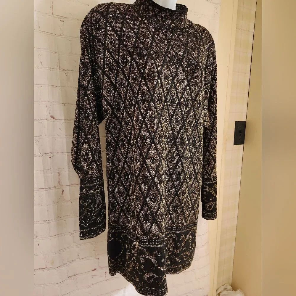 Vintage VG 1980's Pierre Cardin Blk/Gold Lurex Knit A-Line Mini Dress Sz.S USA - Picture 2 of 8